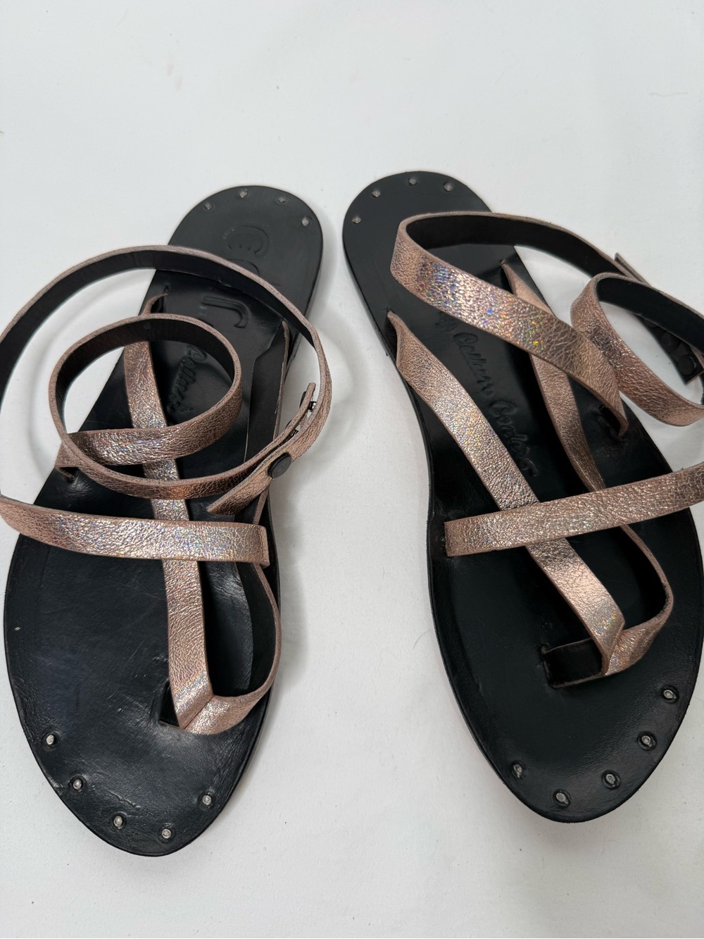 Metallic Rose-Strap Women's Sandals with Black Footbed
